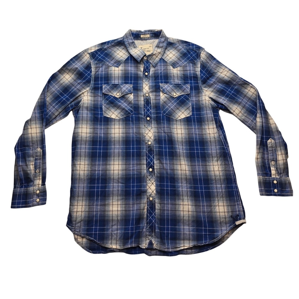 American Eagle Western Pearl Snap Plaid Shirt Blue White Gorpcore Mens XXL